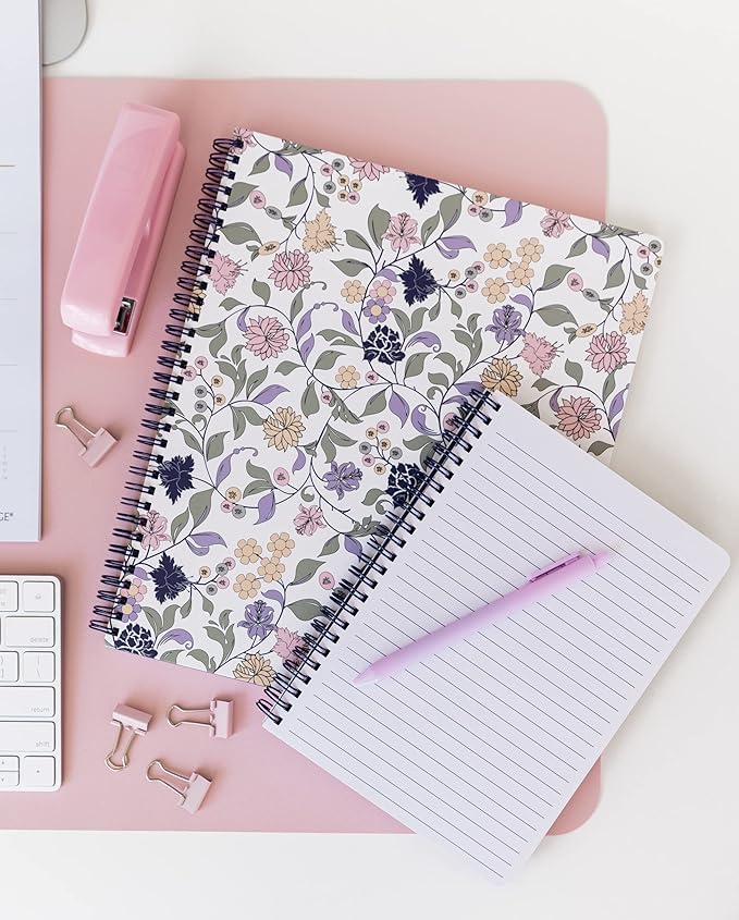 Steel Mill & Co Cute Floral Mini Spiral Notebook, 8.25" x 6.25" Journal with Durable Hardcover and 160 Lined Pages, Purple Vine Ditsy