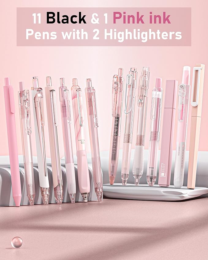 Four Candies 14Pack Pastel Gel Ink Pen Set,Cute Retractable 0.5mm Fine Point Pen,Note Taking Aesthetic Pens,12 Pack Black Ink Pens with 2Pack Highlighter, Smooth Writing Pens for School, Office (Pink)