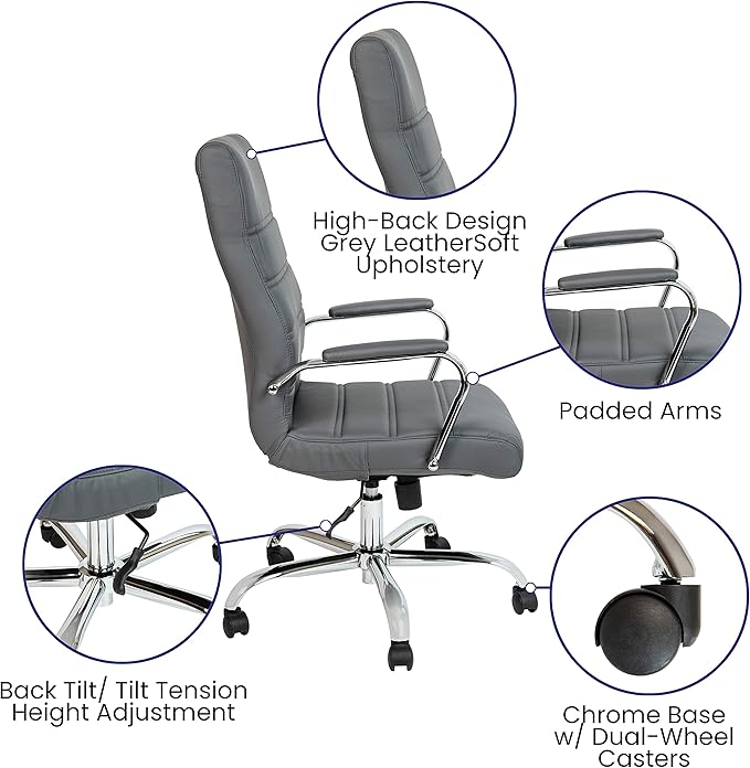 Flash Furniture Whitney High-Back Swivel LeatherSoft Desk Chair with Padded Seat and Armrests, Adjustable Height Padded Office Chair, Gray/Chrome