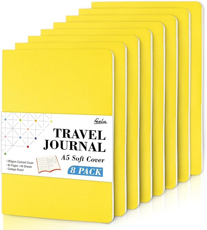 feela 8 Pack Soft Cover Journal Bulk, Notebooks College Ruled for Work, Lined Travel Journal for Women Men, Note Taking Notebook School Supplies Business Writing, 8.2” x 5.5”, A5, Lemon Yellow