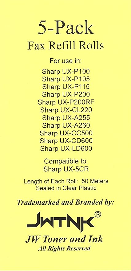 5-Pack of UX-5CR Fax Film Ribbon Refill Rolls Compatible with Sharp Fax UX-P100 UX-P105 UX-P115 UX-P200 UX-P200RF UX-CL220 UX-255 UX-A255 UX-260 UX-A260 UX-CC500 UX-CD600 UX-LD600