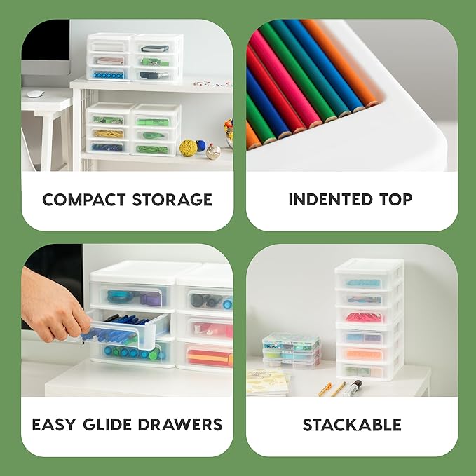 IRIS USA Plastic Stacking Desk Top 3-Drawer Storage Organizer, 2-Pack, for Makep Vanity Nail Polish Bathroom Stationery Art Craft Supplies Kitchen Office Garage and Small Organization, Small, White