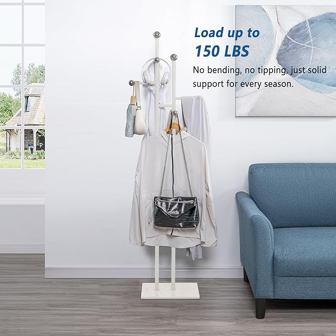 Free Standing Coat Rack with Marble Base & 8 Steel Hooks Clothes Rack for Entryway Bedroom Living Room Hotel 14.96 x 10.24 x 68.9 Inches (White)