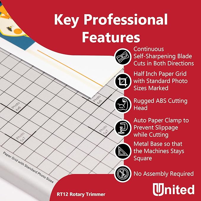 United Office Products RT12 Rotary Paper Trimmer, 12.5" Cut Length, 10 Sheet Capacity, Metal Base, Paper Cutter for Offices, Schools and Crafts