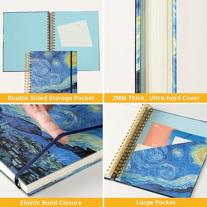 300 Pages Journal 100GSM Pages 3 Pockets Thick Superhard Cover Spiral Notebook 8.5x11 college ruled Spiral Journal Van Gogh Notebook Spiral Bound Journals for Women Writing School, Gift Starry Night Notebook