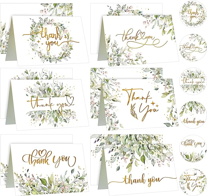 24 Pack Watercolor Thank You Cards with 24 Envelopes 24 Stickers 6 Designs Gold Letter Greeting Note Cards Thank You Notes Round Envelope Seal Stickers for Wedding Graduation(Fresh Style)