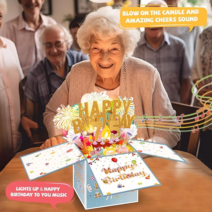 Tnvee 75TH Birthday Cards with Lights & Music & Candle, 3D Large Pop Up Happy Birthday Cards for Women Man Greeting Cards Decorations for 75 Years Old Mom Dad Grandparents