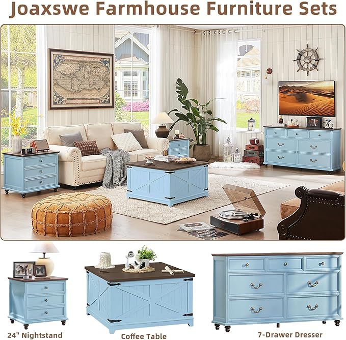 24" Wide Farmhouse Night Stand Set of 2,Large End Table with 3 Drawers & Metal Handle,Light Blue Wood Dresser for Bedroom Cabinet, Bed Side Table Chest of Drawers ,Nightstand for Living Room,Closet