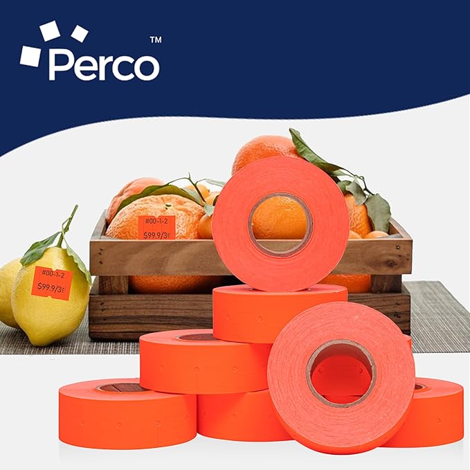 Perco 2 Line Fluorescent Red Labels - 8 Rolls, 1 Sleeve, 6,000 Blank Price and Date Gun Labels for Perco 2 Line Price and Date Guns - Made in USA