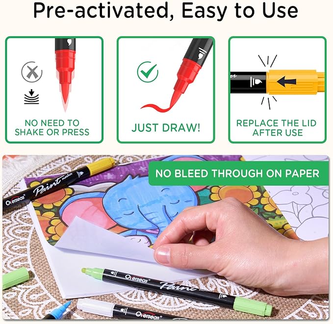 Overseas White Acrylic Paint Markers, 6 Pack Dual Tip Paint Pens Acrylic Markers - Dot and Brush Tip Coloring Marker for Wood, Rock, Canvas, Glass, Metal, Plastic, Rubber, Fabric, School Supplies