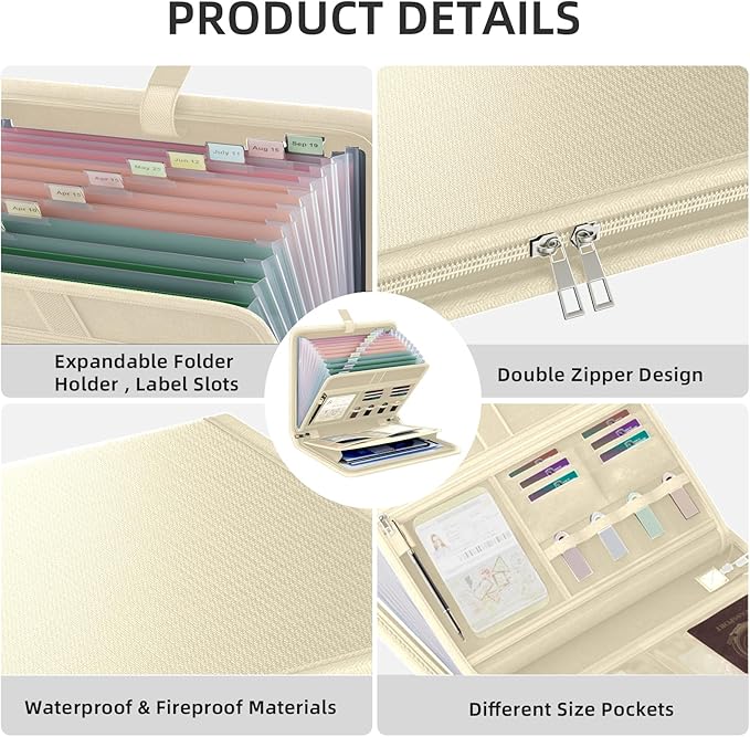 Fireproof Accordion File Organizer, Portable Expanding File Folder with Waterproof Zipper&Labels, Khaki Document Organizer with 13 Pockets, File Organizer for Important Document/Paper Storage