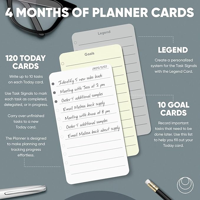 Undated Daily Planner To Do List Notepads and Walnut Stand - 120 Checklist Cards, 10 Goal Cards - Perfect Note Pads for Work Desk or School - ADHD Office Accessories - Productivity Task Analog