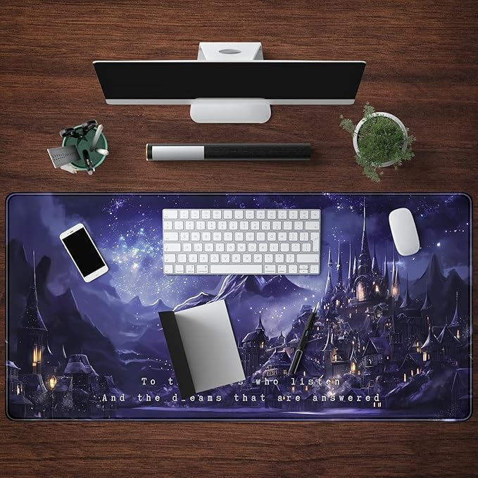 Night Purple Desk Mat Dark Academia Anime Computer Desk Keyboard Mat, 31.5 X 15.8 in Office Decor for Women Castle Aesthetics Mouse Pad XXL for Desktop Laptop Computer Mouse Gaming Pad