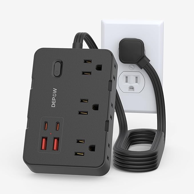 Surge Protector Power Strip, 5 FT Extension Cord with 6 AC Outlets 4 USB Ports,1050J Surge Protection, Wall Mountable Charging Station for Office, Home, Black