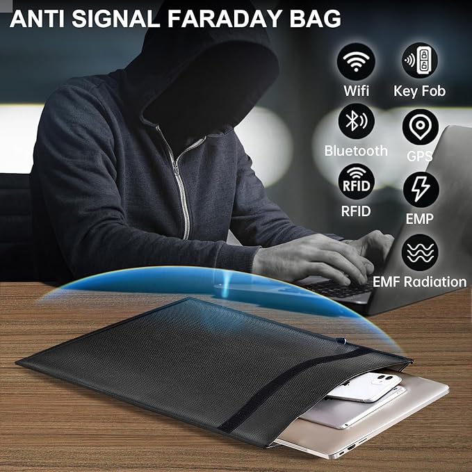 5 Pack Faraday Bags- Large Faraday Cage, Anti-Tracking Faraday Bag for Laptops & Tablets & Phones & Car Keys, RFID Signal Blocker Faraday Pouch, Fireproof & Waterproof Faraday Key Fob Protector