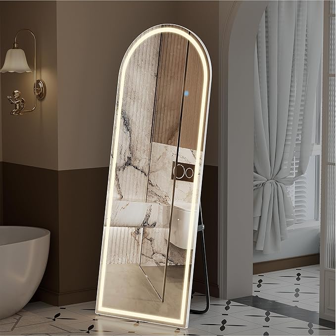 71" x 26" Arched Full Length Mirror with LED Lights, Floor Mirror with Stand, Full Length Body Floor Mirrors, Wall Mounted Mirrors for Bedroom Dimmable Tempered Glass