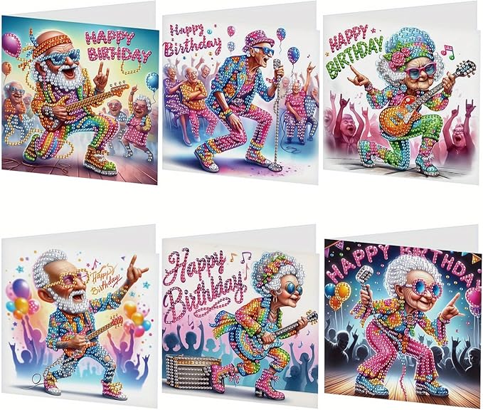 6 Pieces Diamond Art Painted Greeting Cards, Trendy Music Elderly 5D DIY Special Shape Diamond Card Creative Gifts, Christmas Thanksgiving Greeting Cards Congratulation