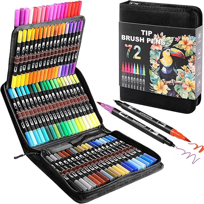 Double Brush Marker Pens, 72 Colors Art Markers Set with Fine Tip and Brush Tip for Kids Adult Coloring Book Hand Lettering Calligraphy Drawing Art Supplies Kit