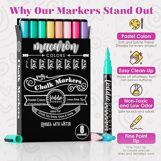 Loddie Doddie Liquid Chalk Markers Fine Tip - 8 Pack Macaron Pastel 1mm - Erasable Low-Odor Ink For Chalkboard & Dry Erase Markers - Non-Toxic Smudge-Proof