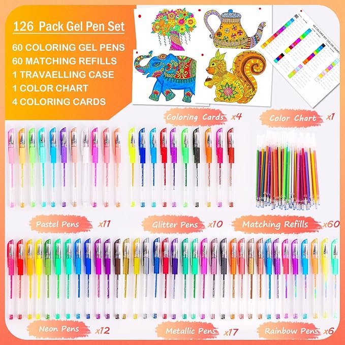 Soucolor Markers for Adult Coloring Books, Coloring Markers for Teacher Appreciation Gift School Office Supplies, 120-Piece Art Set: 60 Gel Pens + 60 Refills with Travel Case for Kids Card Making