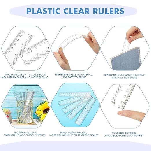 Zonon 200 Pcs 6 Inch Rulers Bulk Clear Plastic Flexible Straight Rulers with Inches and Centimeters First Day of School Gift for Students Back to School Office Supplies