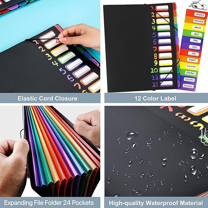 Rainbow Tab Expanding File Folder - 24 Pockets, Durable A4 Letter Size Organizer, Water-Resistant Plastic Dividers, Home/Office/School Document Holder (Black)