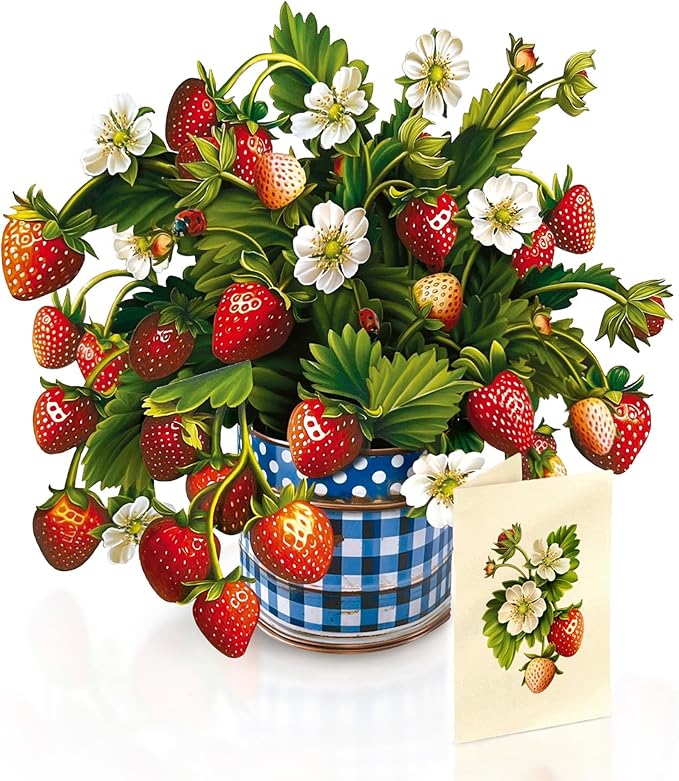 Freshcut Paper Pop Up Cards, Strawberry Blossom, 12 Inch Life Sized Forever Flower Bouquet 3D Popup Greeting Card, Birthday Cards, Anniversary Card, Blank Notecard & Envelope
