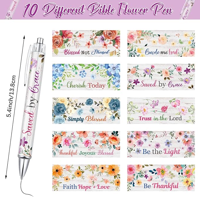 Tinlade 10 Pcs Christian Pens for Women Religious Ink Pens Easter Gifts Inspirational Quotes Bible Verse Ballpoint Funny Office Supplies for Women Men Coworker(Flower)