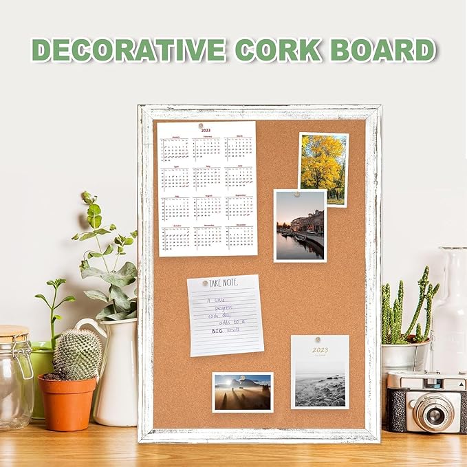 DOLLAR BOSS White Cork Board - 30 X 20 Inches, Rustic Wooden Frame, Decorative Hanging Pin Board for Office & Home Decor