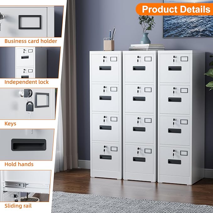 4 Drawer File Cabinet with 4 Independent Locks, Metal Vertical Filing Storage Cabinet for Home Office with Card Holder for Letter/Legal/A4 Folders, Assembly Required, 4 Drawers, White