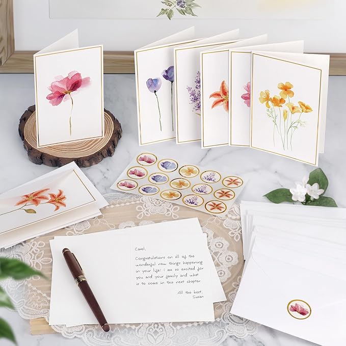 Blank Cards, 30 Pack Blank Greet Cards, Elegant Gold Foil Blank Note Cards with Envelopes, Blank Greeting Cards, Perfect Stationary Set For All Occasions, 5 Assorted Floral Designs