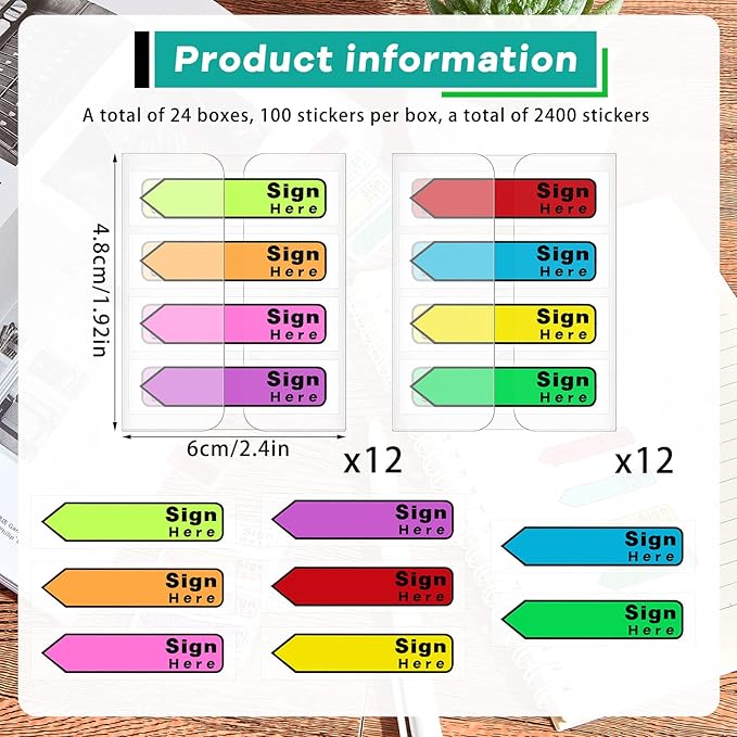 Tatuo 2400 Pcs Sign Here Tabs Colored Flag Stickers 8 Colors with Dispenser Arrow Flag Easy to Post for Notary Books Paper (Sign Here Style)