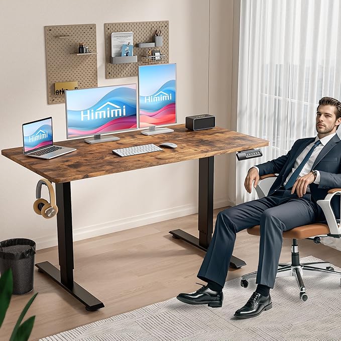 Himimi Electric Standing Desk 48 x 24 inch for Home Office,Sit-Stand Adjustable Desk with Memory Presets,Height Adjustable Desk for Gaming/Working,Free Hook, Lockable Wheels,Brown
