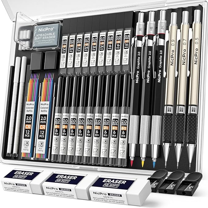 Nicpro 35PCS Art Mechanical Pencil Set, 3 PCS Metal Drafting Pencil 0.5 mm & 0.7 mm & 0.9 mm & 3 PCS 2mm Lead Holder (6B 4B 2B HB 2H 4H Colors) For Sketching Drawing With 20 Tube Lead Refills Case