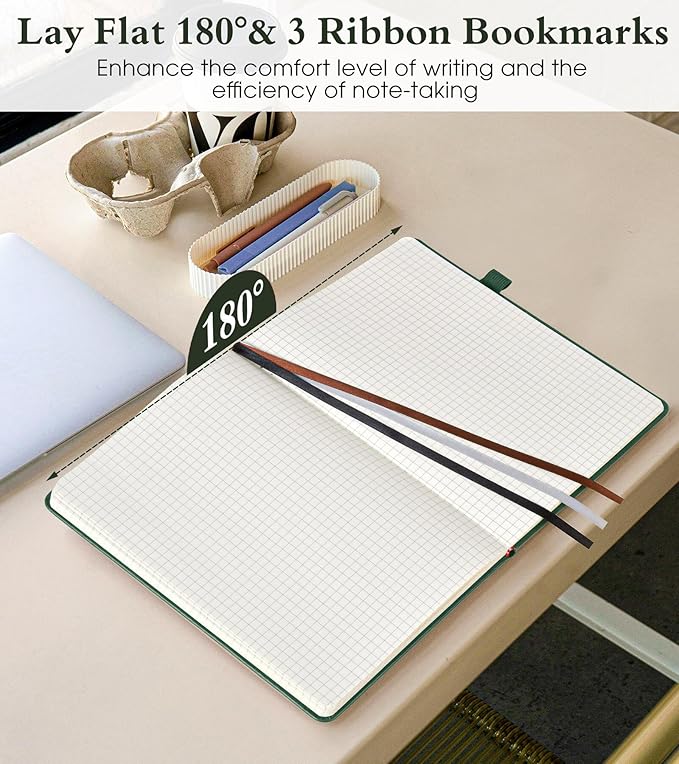 Graph Notebook for Women Men, 160 Pages Grid Paper Journal, A5 Hardcover Vintage Leather Graphing Notebooks for School, Work, College Ruled, Inner Pocket, 5.8"x8.5" (Green)