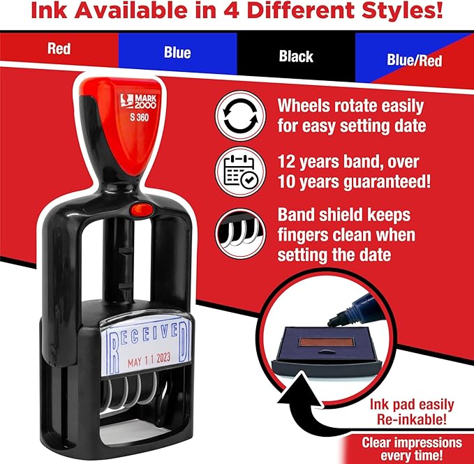 Self-Inking Rubber Date Office Stamp with Paid Phrase - Red Ink - 12-Year Band
