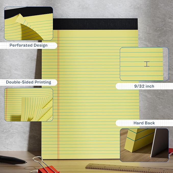 Legal Pads 8.5 x 11 College Ruled 6 Pack Yellow Note Pads 8.5 x 11 Notepads 30 Sheets Perforated Notepad Writing Pads 21lb Paper Legal Pad Ruled Paper Pad with Sturdy Back for School, Home, Office