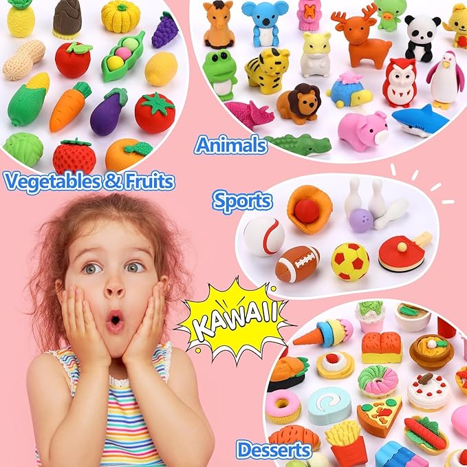 HINZER 100 Pack Animal Erasers for Kids Bulk Pull Apart 3D Puzzle Erasers Classroom Rewards and Prizes Class Treasure Box Kids Party Favors Back to School Supplies