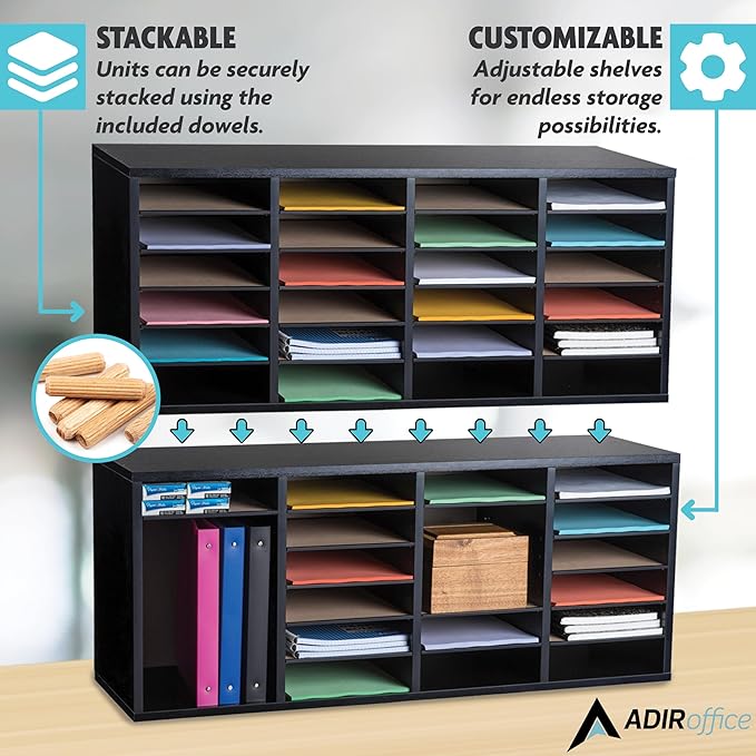 AdirOffice Wooden Adjustable Literature Organizer, 24 Compartment Office Mailbox, or Classroom Literature Organizer, Black