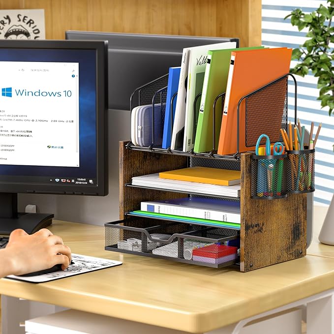 4-Tier Mesh Desk Organizer, Wooden Desk File Organizer with 5 Vertical File Holders and 2 Pen Holders, Desktop Organizers and Accessories with Drawer for Home Office