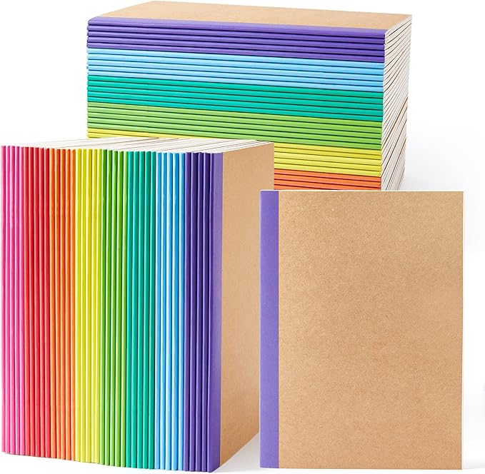 feela 80 Pack Composition Notebooks Bulk, Kraft Cover Lined Blank College Ruled Composition Travel Journals with Rainbow Spines For Women Students Business, 60 Pages, 8.3”x 5.5”, A5, 8 Colors