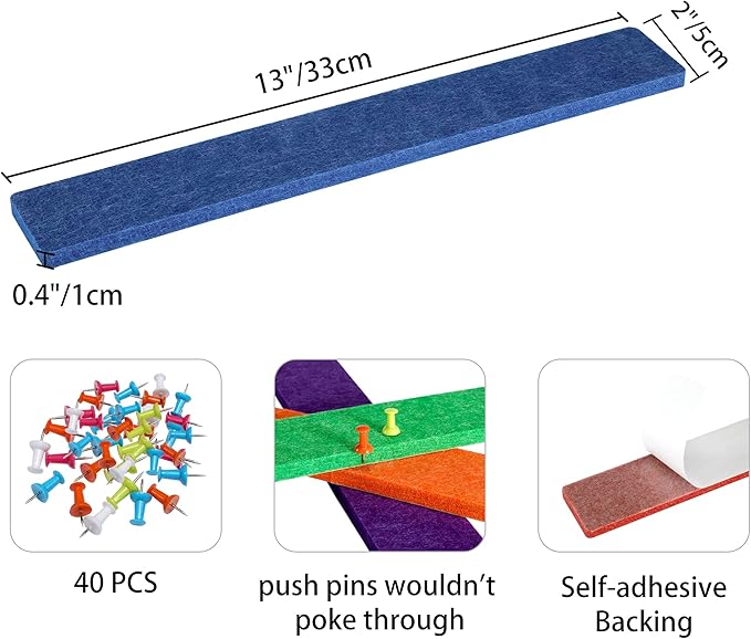 Cork Board for Walls - 8 Pack Felt Pin Board Bar Strips - Self-Adhesive Lightweight Bulletin Board - Cork Board for Office with 40 Push Pins No Damage for Wall