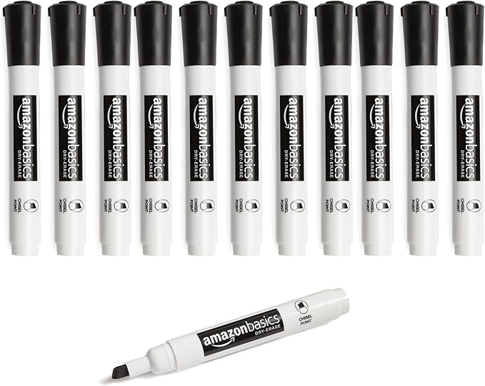Amazon Basics 12-Pack Low-Odor Chisel Tip Dry Erase Whiteboard Markers, Black