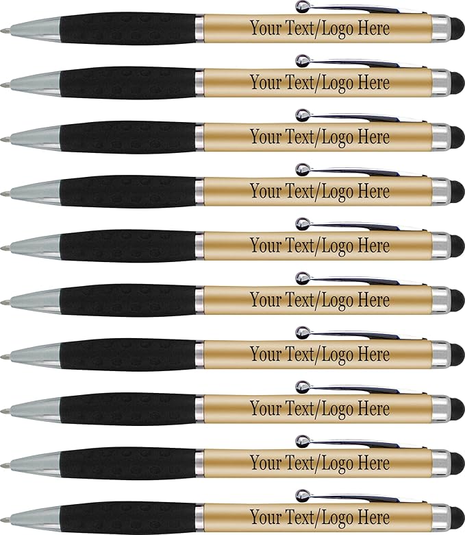Personalized Pens With your Custom Logo or Text-600 Pack Bulk-for Businesses, Parties, and Events, 2 in 1 Ballpoint Pen & Stylus Compatible with Touchscreen Devices, Gold Barrel, Black Ink