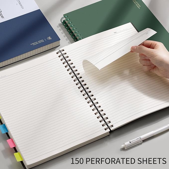 EMSHOI A4 Spiral Notebook College Ruled Lined Journal, 11.2" X 8.27", 300 Pages/150 Sheets, Easy Tear Perforated Pages, 100gsm Thick Paper, Waterproof Softcover, for School Work Writing-Green