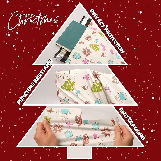 Christmas Poly Mailer 10x13 Inch 25 Pcs, Waterproof Shipping Bags for Clothing, Tear-Resistant Mailier Bags, Strong Mailing Bags with Self-Seal - Christmas Elements Printed