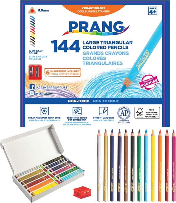 Prang Easy to Hold Colored Pencils Class Pack, 12 Colors, 5.5 mm Core, 144 Pencils, 6 Sharpeners, My First