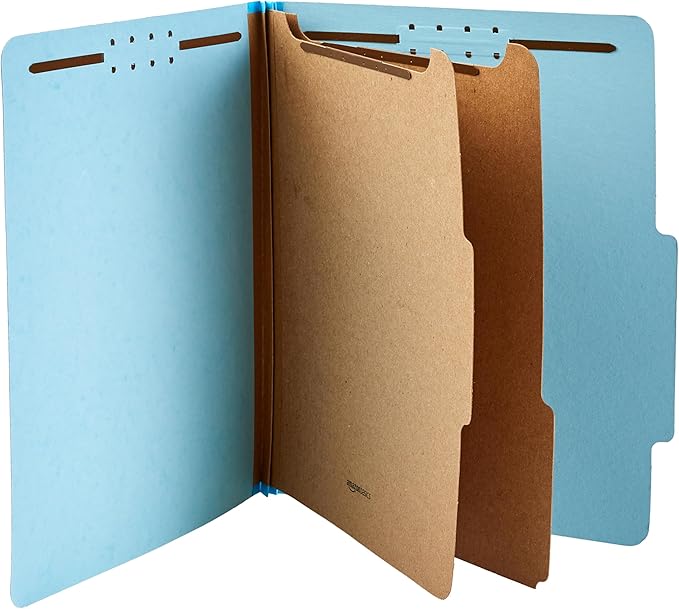 Amazon Basics Classification Folder, 100% Recycled, 2 Dividers, 2" Embedded, 12.17 x 10.39 inch (Letter), Light Blue, 10 Count per Box