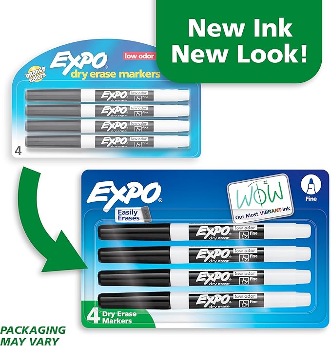 EXPO Low Odor Dry Erase Markers Fine Tip Black 4 Count