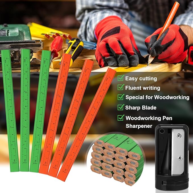 Honoson 200 Pcs Flat Construction Pencils with Printed Ruler Wood Graphite 2 Pcs Carpenter Pencil Sharpener for Woodworking Marking Tool(Green and Orange)